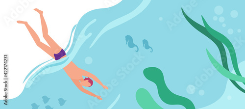 Summer vacation swim sport activity vector illustration. Cartoon young active sporty swimmer man character swimming, jumping into blue tropical sea ocean water, underwater adventure banner background