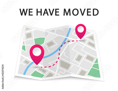We have moved. Navigation map with pointers. Map location with changed the address. Advertising banner with city map. Vector illustration.