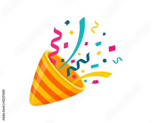 Exploding party popper. Flapper with confetti and streamers. Popper flat icon. Simple element for celebrating holiday. Vector illustration.