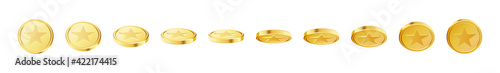 Set of rotating gold coins with star sign.