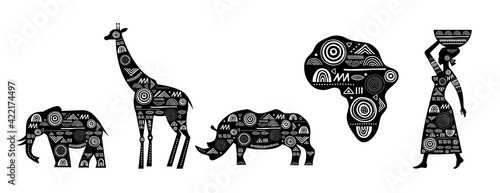 Africa banner with elements - patterned giraffes, elephant, African map, woman and rhino horn, black and white tribal banner