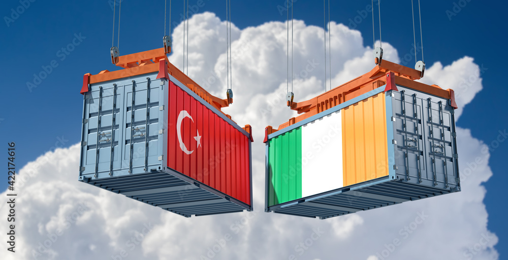 Freight containers with Ireland and Turkey flag. 3D Rendering 