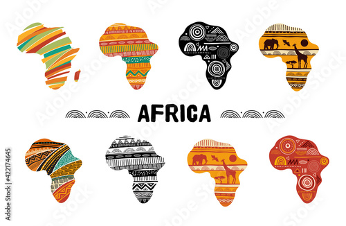 Africa patterned map  collection of logo design. Banner with tribal traditional grunge pattern  elements  concept design