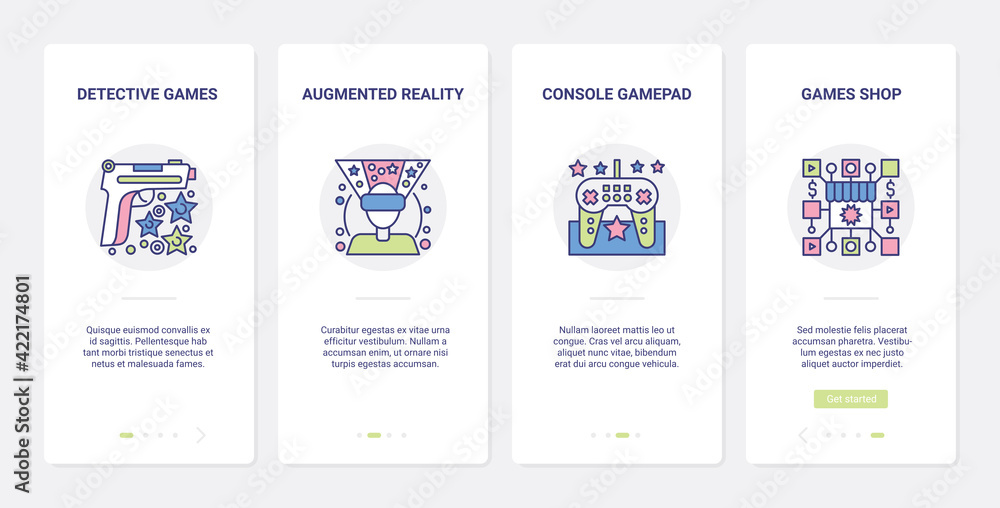 Video game and gadgets devices for gaming store or gamer shop vector illustration. UI, UX onboarding mobile app page screen set with line console gamepad, augmented reality vr glasses, detective games
