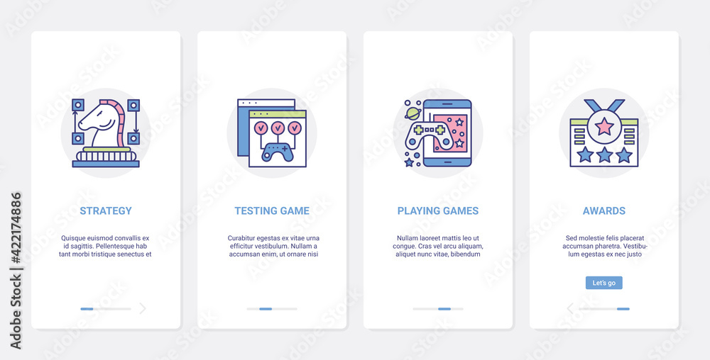 Video games entertainment technology vector illustration. UI, UX onboarding mobile app page screen set with line award medal for gamer player winner, gaming playing test and strategy chess symbols