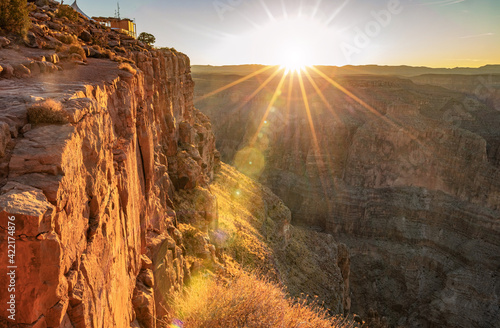 Beautiful landscapes of the Grand Canyon an amazing view of the sunset over the red-orange rocks that are millions of years old. USA, Arizona.