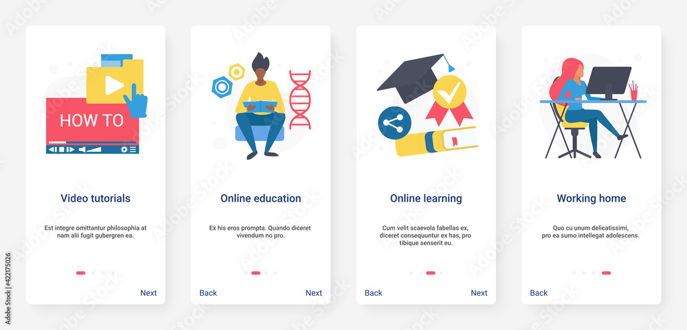 Online education and freelance work technology vector illustration. UI, UX onboarding mobile app page screen set with freelancer working at home, student studying, learning digital video tutorials
