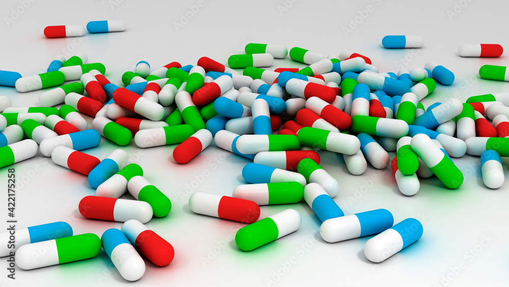 different color pills spread on gray background. Pile of drugs and medicine different color pills spread on gray background. Pile of drugs and medicine