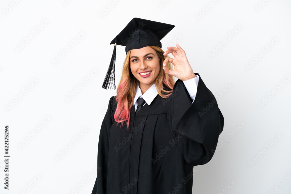 Young university graduate over isolated white background showing ok sign with fingers Young university graduate over isolated white background showing ok sign with fingers