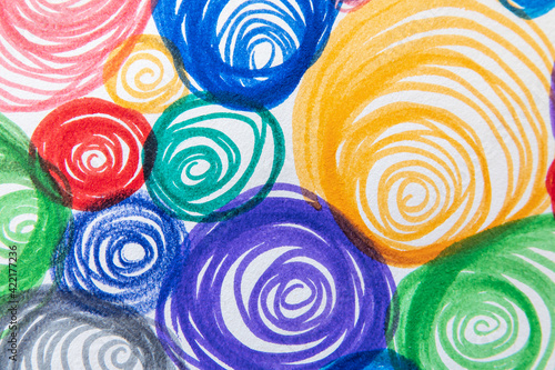 Fototapeta Top view of colorful circles drawn by markers on a sheet of paper