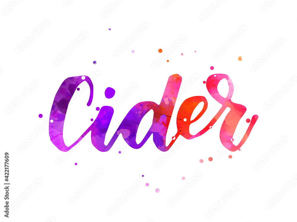 Cider - handwritten modern lettering with dots decoration. Drink lettering template for menu, bar, cafe etc. Watercolor imitation painted text.
