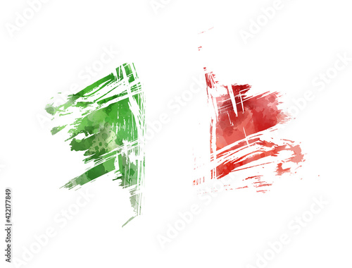 Abstract watercolor paint splashes in Italy flag colors. Brushed flag of Italy.