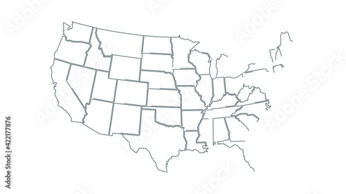 Line Map of United States of America showing different states. Animated usa contiguous lower 48 u.s. state map on an isolated chroma key background.