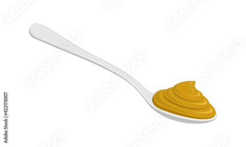 Spoon with mustard isolated on white background. Vector cartoon illustration.