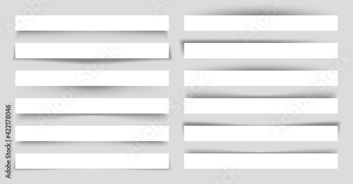 Set of white blank paper scraps with shadows. Page dividers on gray background. Realistic transparent shadow effect. Element for design. Vector illustration.