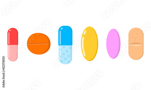 Different medicine tablets, pills, capsules icons isolated on white background. Medical and healthcare concept. Vector cartoon illustration. photo