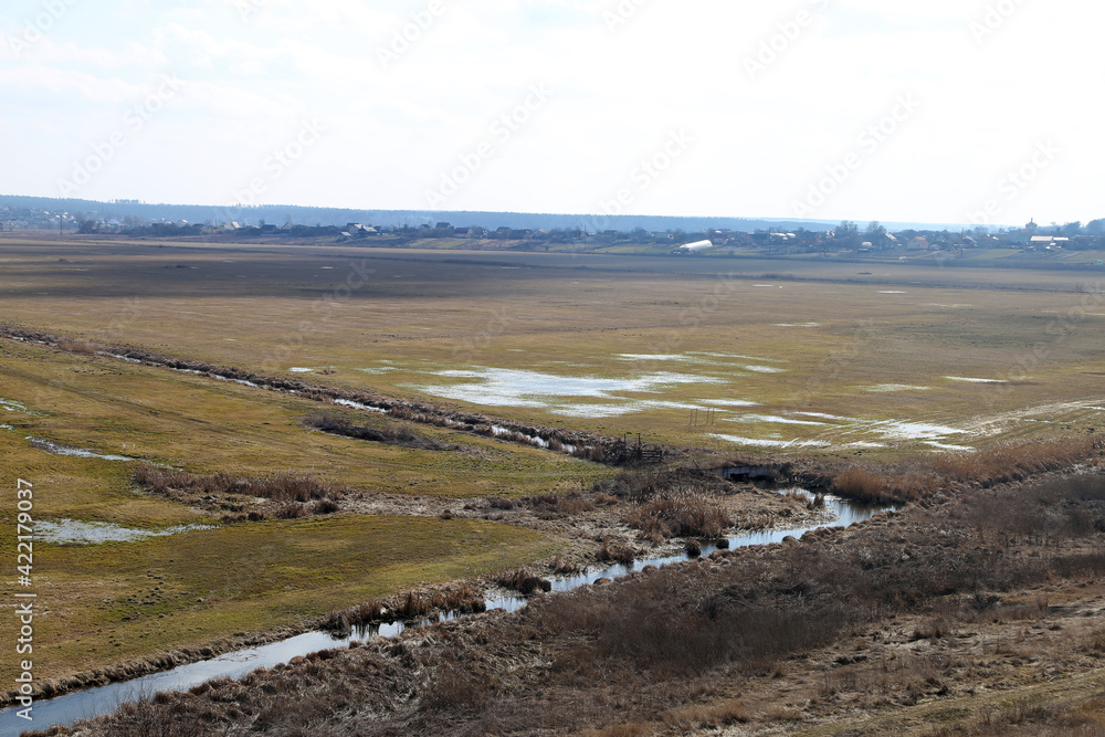 Field, river and blue sky