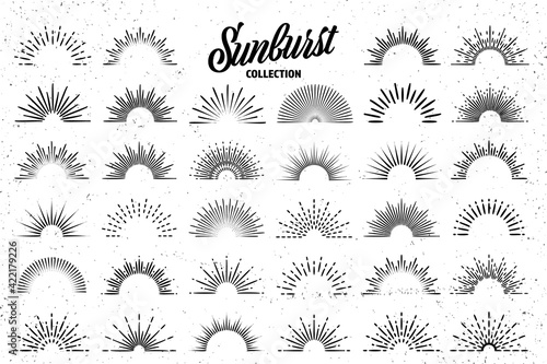 Vintage grunge sunburst collection. Bursting sun rays. Fireworks. Logotype or lettering design element. Radial sunset beams. Vector illustration.