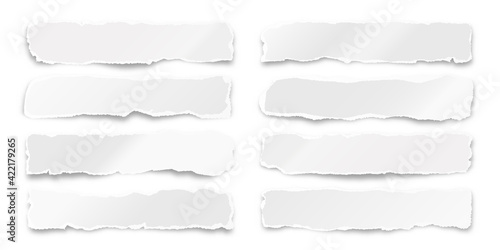 Ripped paper strips isolated on white background. Realistic crumpled paper scraps with torn edges. Shreds of notebook pages. Vector illustration.