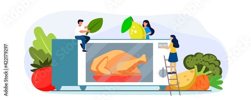 Microwave oven with closed door and microwave oven with chicken Electronic chicken roaster oven fast convenience eatable and clean isolated in the kitchen interior Cooking grilled chicken fillets vect