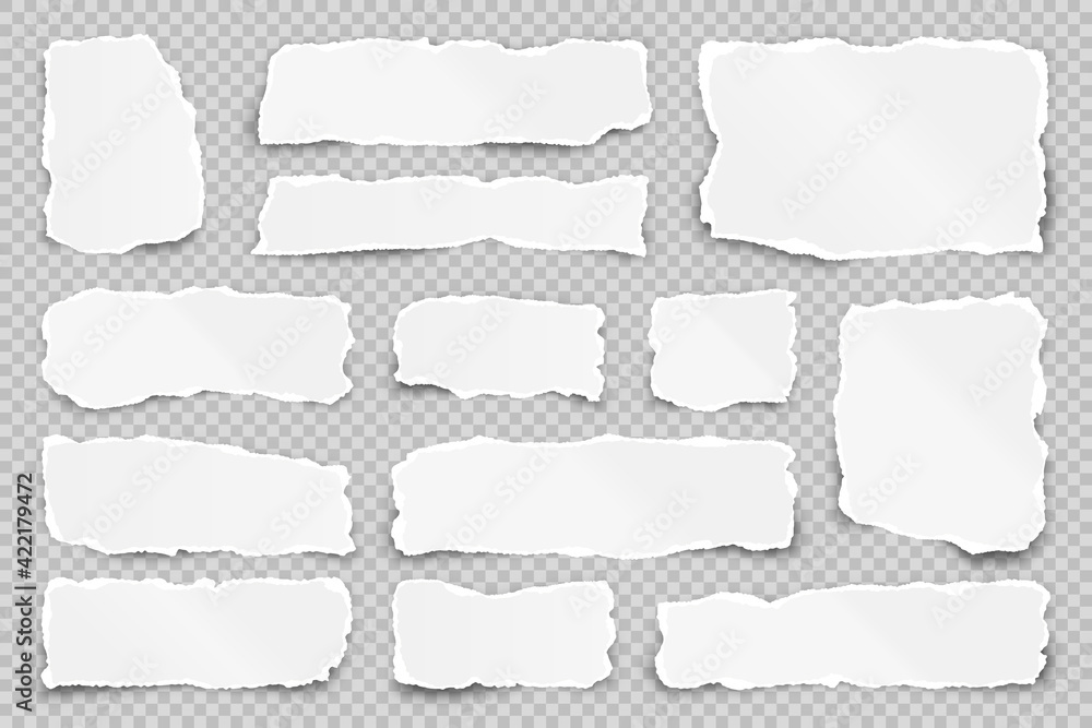 Ripped paper strips on transparent background. Realistic crumpled paper  scraps with torn edges. Shreds of notebook pages. Vector illustration.  Stock Vector