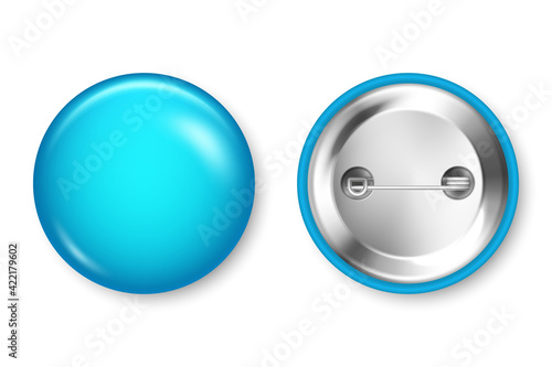 Fototapeta Naklejka Na Ścianę i Meble -  Realistic blue blank badge isolated on white background. Glossy 3D round button. Pin badge, brooch mockup for product promotion and advertising. Vector illustration.