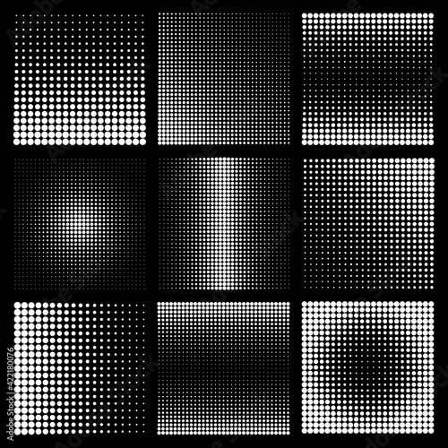 Halftone design elements with white dots on black background. Comic dotted pattern. Vector illustration.