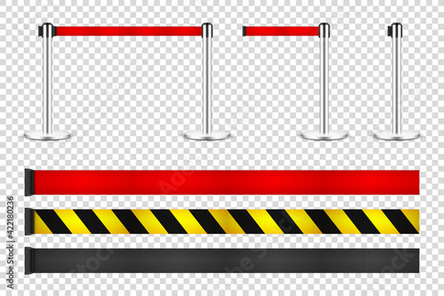 Realistic retractable belt stanchion on transparent background. Crowd control barrier posts with caution strap. Queue lines. Restriction border and danger tape. Vector illustration.