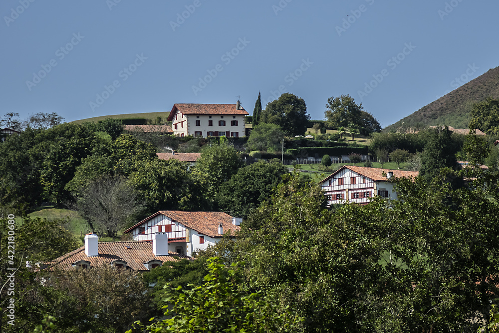 Obraz premium Beautiful villages Surroundings of Sare. Sare - basque village, listed as Most Beautiful Villages of France. Pays Basque, Pyrenees Atlantiques, France.