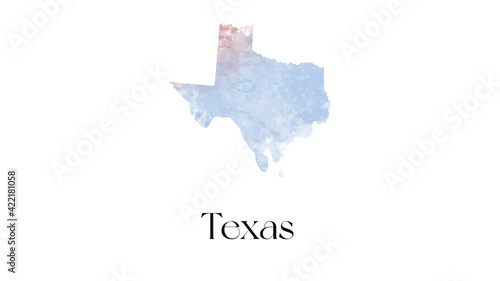Watercolor animated map showing the state of Texas from the united state of American. 2d map of Texas.