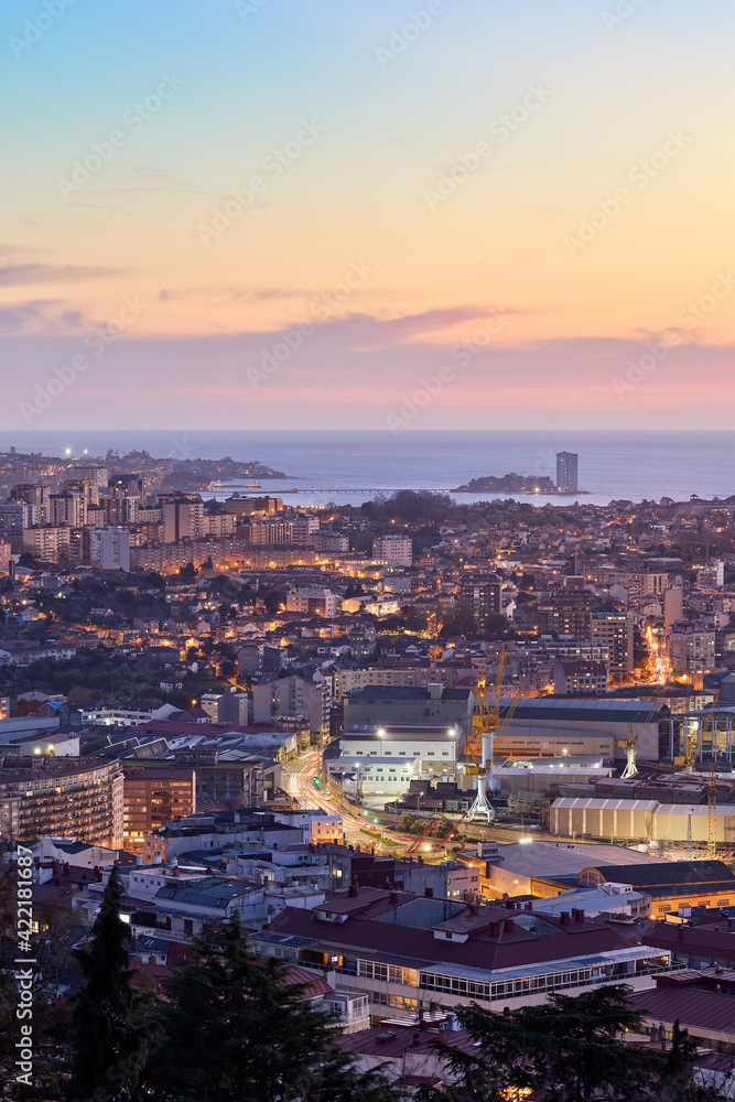 View at sunset of the city of Vigo, in Galicia, Spain.