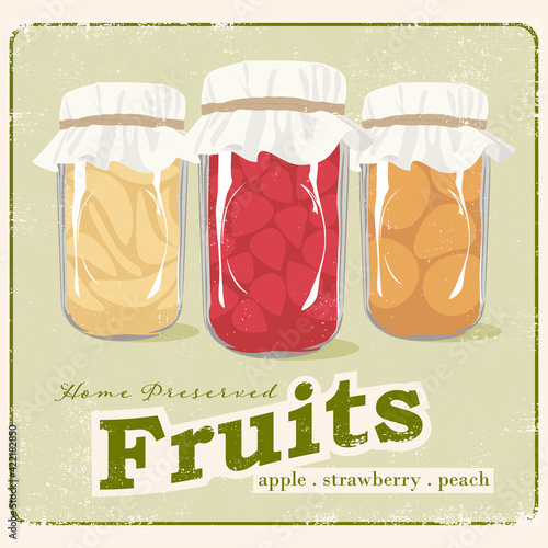 A vector vintage style poster of home canned fruits in jars
