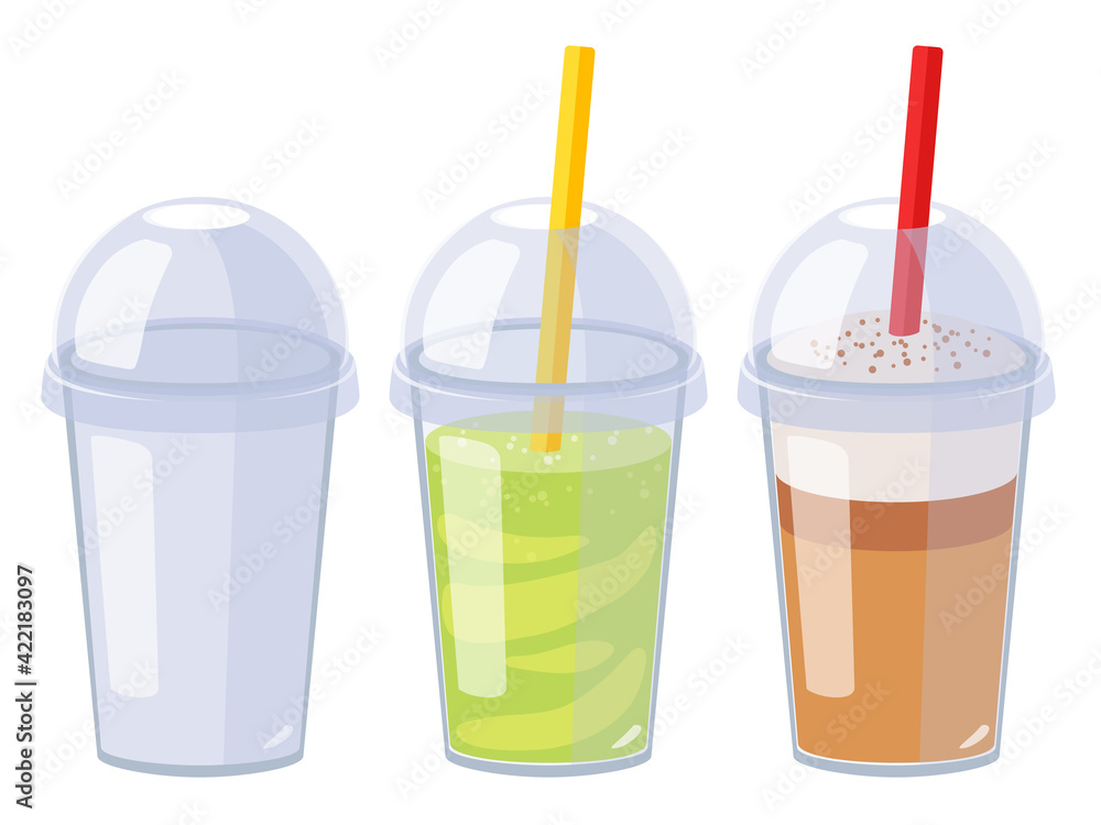 Cartoon vector set of plastic cups. Empty cup with lid, matcha cocktail and cappuccino. Cartoon vector set of plastic cups. Empty cup with lid, matcha cocktail and cappuccino.