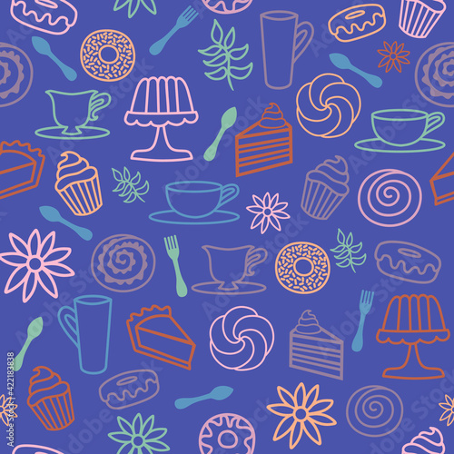 Purple Bakery Coffee seamless pattern background. Perfect for fabric, scrapbooking, wallpaper projects.