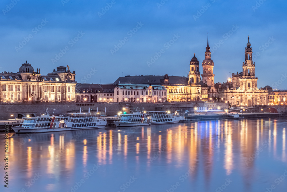 Night panorama of Dresden Old town with reflections