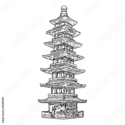 Japanese pagoda landmark, Buddha and saint tomb near temple in traditional Japan style. Architecture building made of wood. Spiritual stupa or monument with tiers and roof eaves. Vector.