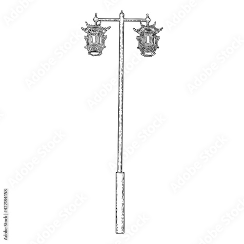 Chinese style pole light for garden landscape. Street lamp. Traditional Asian lantern. Vector.
