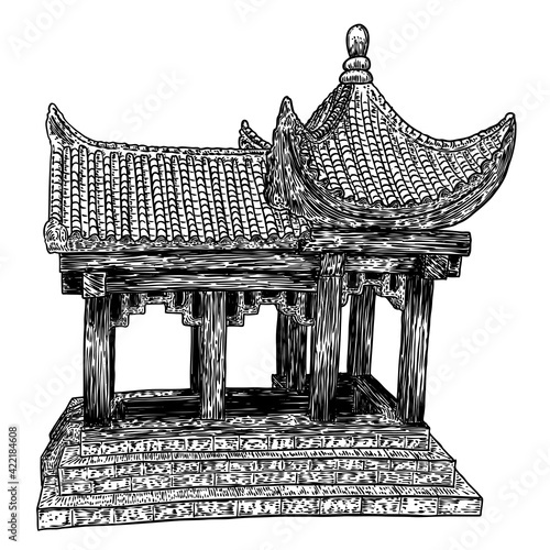 Chinese temple or Buddhist monastery. Traditional China house of worship. Classic Asian religious building and landmark. Chinese cultural and spiritual architecture. Vector.