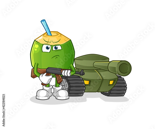coconut drink soldier with tank character. cartoon mascot vector