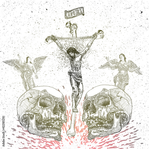 Jesus Christ crucifixion on the cross made of bones and sign INRI, son of God, with sad winged angels standing over human skulls with fire from below. Flesh tattoo reference. Good Friday. Vector.