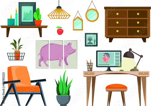 Set of furniture in the Scandinavian fashion clipart. Items for the blogger s office. Vector illustration in cartoon flat style.