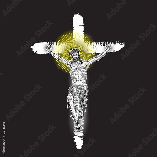 Jesus Christ crucifixion on hand painted ink brush cross on black background with Rays of halo light and beams, symbol of saint. Flash body tattoo. Symbol of Christianity prayer and religion. Vector.