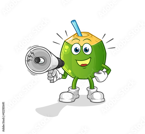 coconut drink holding hand loudspeakers vector. cartoon character