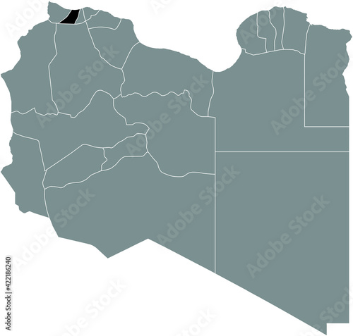 Black highlighted location map of the Libyan Zawiya district inside gray map of the State of Libya
