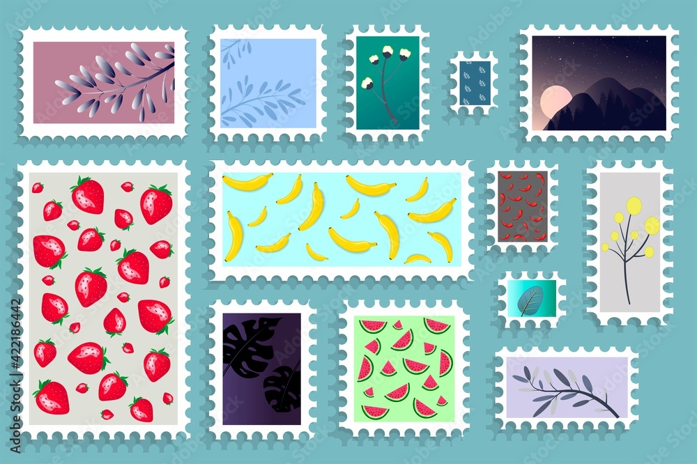 Stamp set. Collection of carved postage stamps. Paper envelope stickers of various shapes and textures. Vector illustration.
