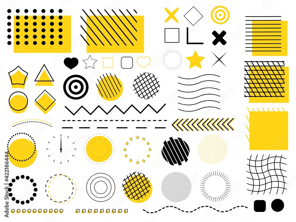 Plakat Set of geometric shapes. Memphis yellow elements for design. Abstract halftone patterns pattern. Collection of retro graphic objects. Vector illustration.
