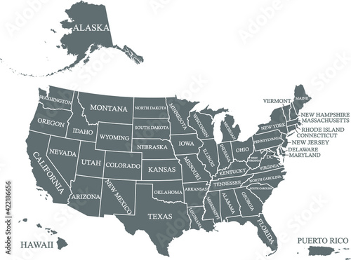 USA map states names labeled