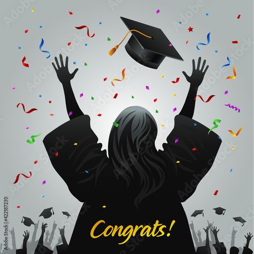 students throwing graduation caps in the air with multicolored confetti
