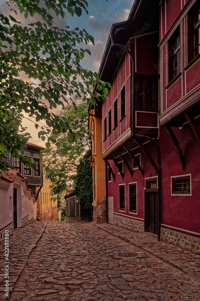Naklejka premium A cobblestone street in Old Plovdiv, Bulgaria