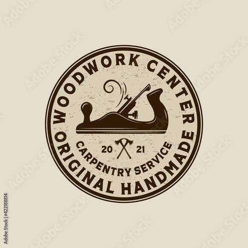 Woodwork Vector Illustration Logo Design. Woodwork Logo Template for Wood Master, Sawmill and Carpentry Service. Wood Planer Logo Concept Inspiration photo